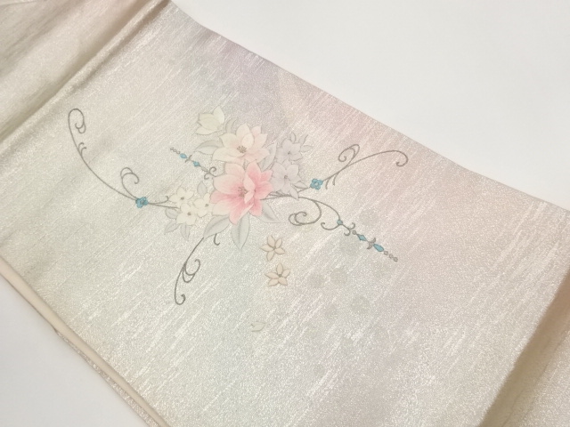 Nagoya obi with embroidered floral arabesque pattern